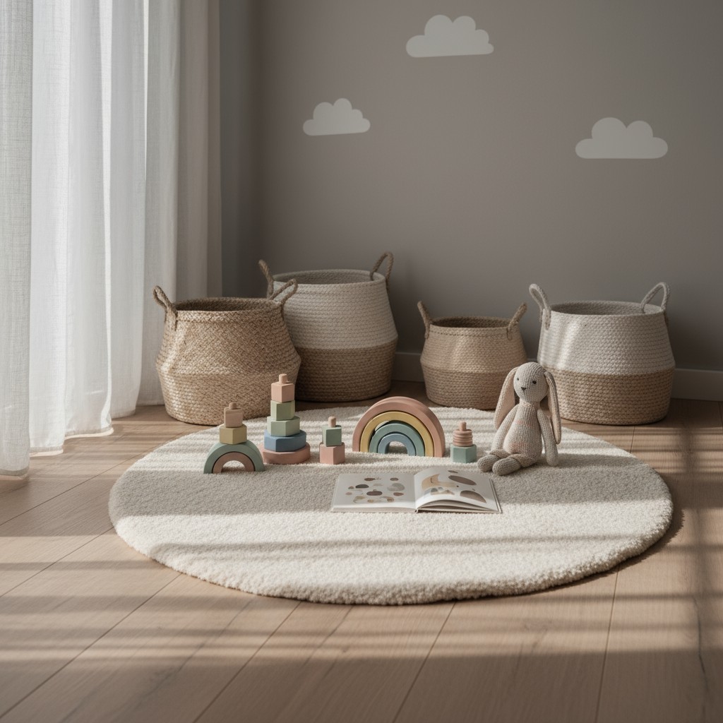 A cozy kids' playroom with toys, baskets, and a soft rug on a hardwood floor, featuring minimalist decor.